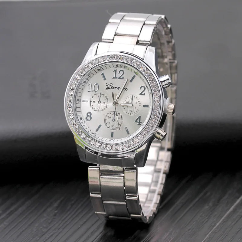  Geneva Luxury Rhinestone Watch for Women, Classic Fashion Ladies Wristwatch, Women's Metal Watch