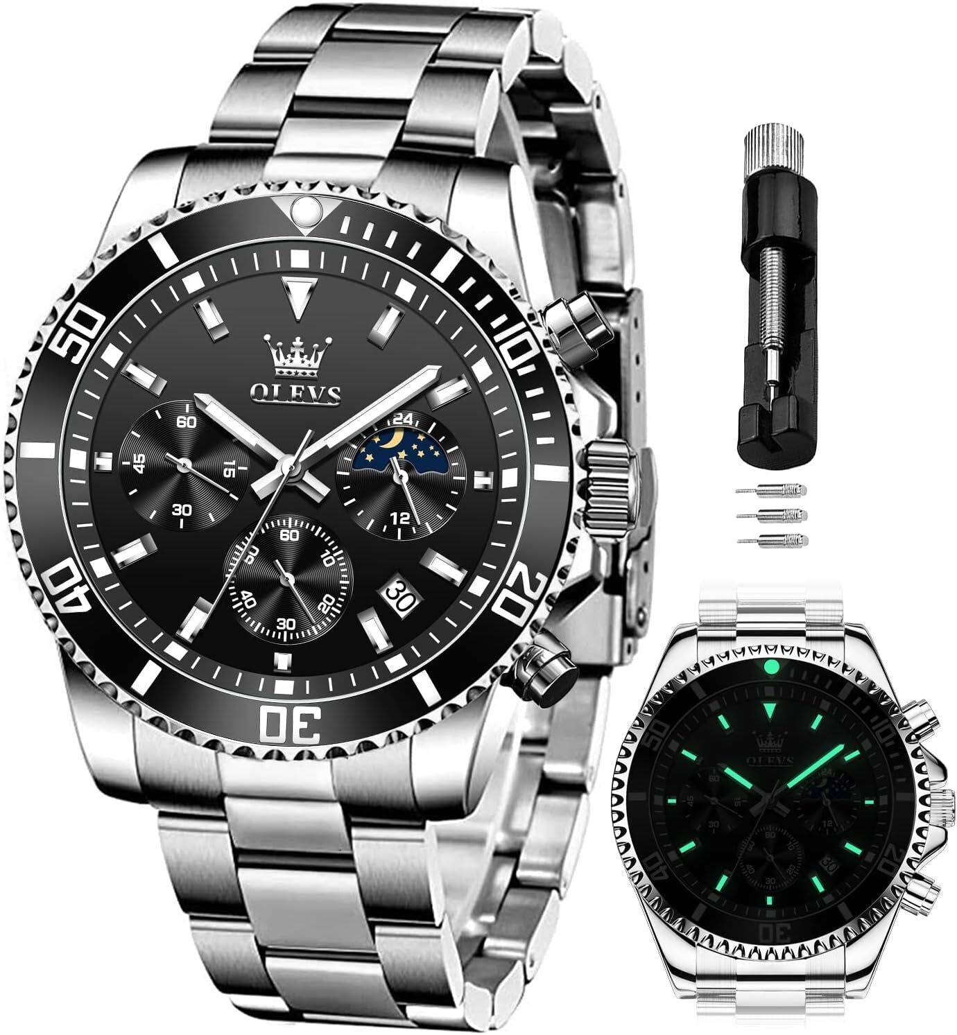 OLEVS Relojes Para Hombre Cronógrafo, Vestido De Lujo, Fase Lunar, Cuarzo Acero