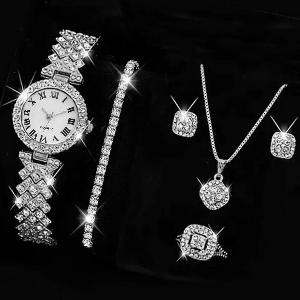 5PCS Women’s Watch and Jewelry Set - Includes Ring, Necklace, Earrings, Rhinestone Wristwatch, and Bracelet